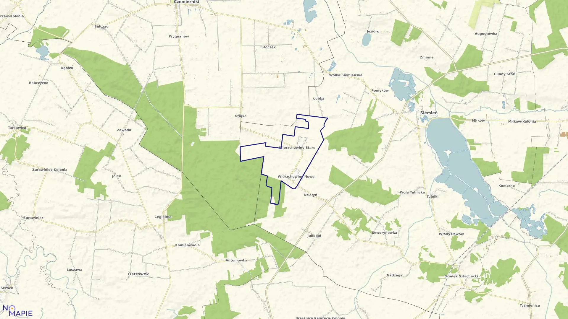 Mapa obrębu WIERZCHOWINY w gminie Siemień